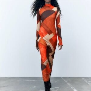 Zara Orange and Brown Geometric Long Sleeve Dress